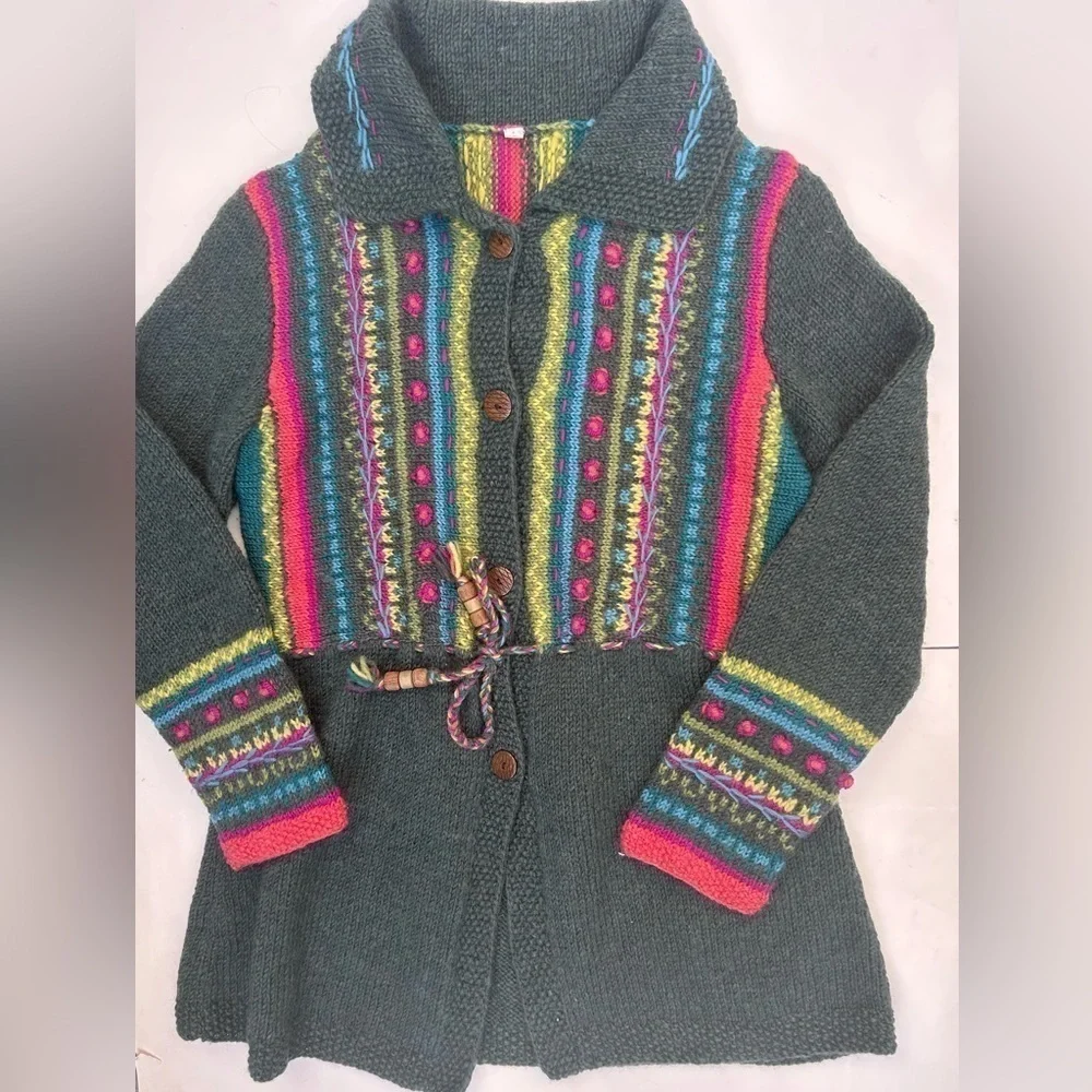 HANDMADE knit multicolour embroidery wool sweater - Picture 3 of 11